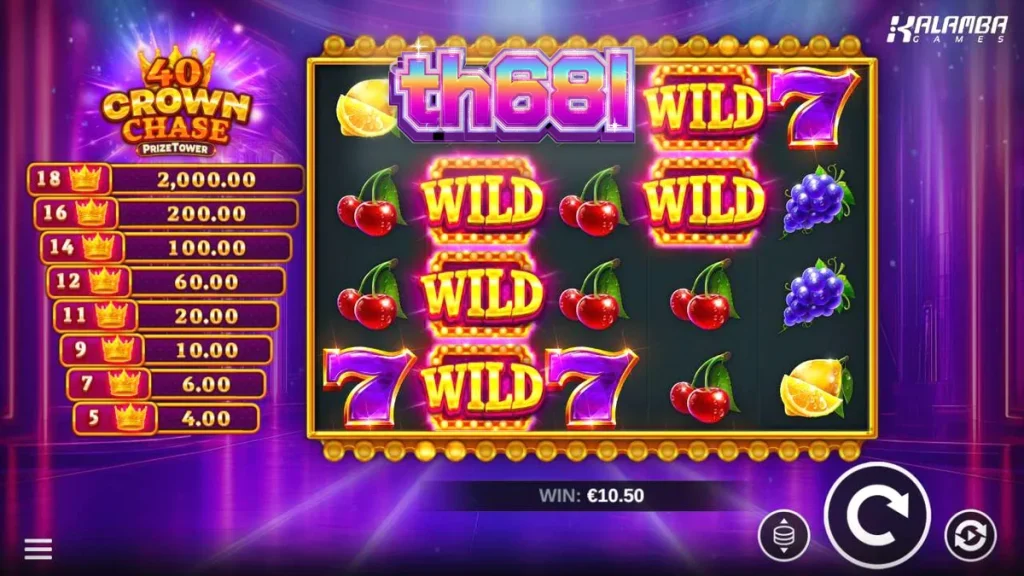 Tampilan visual slot 40 Crown Chase PrizeTower dengan simbol mahkota dan buah-buahan klasik.