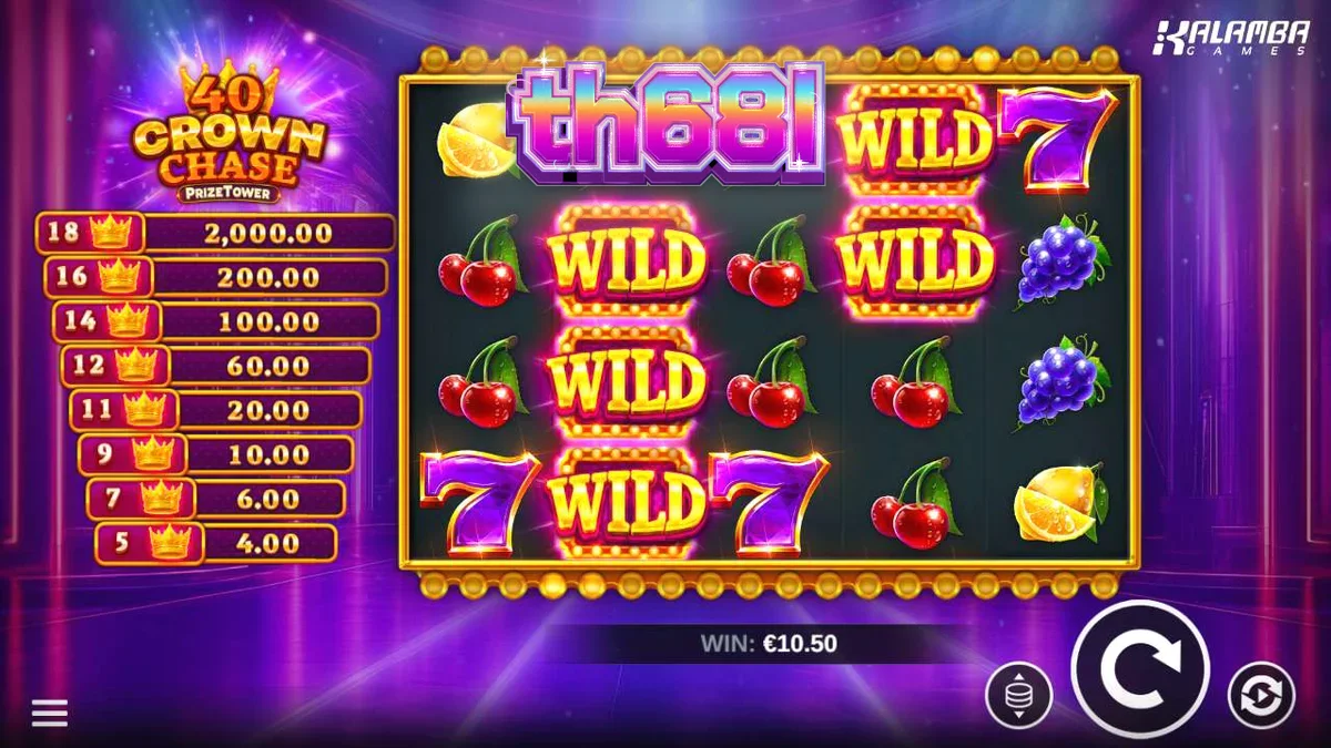 Tampilan visual slot 40 Crown Chase PrizeTower dengan simbol mahkota dan buah-buahan klasik.